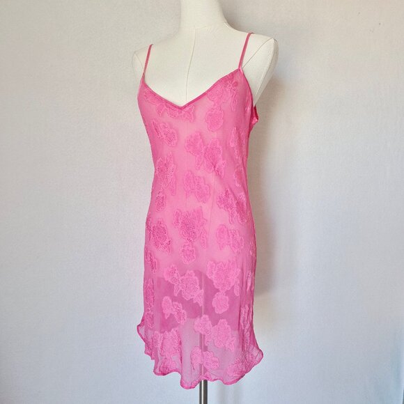 PajamaGram Silk Blend Pink Floral Textured Sheer Mini Chemise Slip Night Gown - Picture 1 of 11
